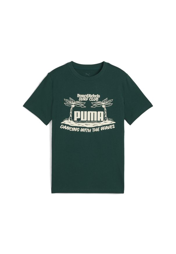 Puma - Młodzieżowa koszulka Mid 90s z grafiką PUMA Dark Myrtle Green. Kolor: zielony. Materiał: guma. Wzór: nadruk, napisy. Sezon: lato. Sport: joga i pilates