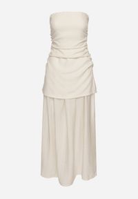 Born2be - Beżowa Koktajlowa Sukienka Typu Bandeau z Marszczeniem Izelessa. Okazja: na imprezę. Kolor: beżowy. Styl: wizytowy #6