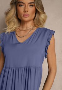 Renee - Niebieska Sukienka z Bawełny z Falbankami Hirlio. Okazja: na co dzień. Typ kołnierza: kołnierz z falbankami. Kolor: niebieski. Materiał: bawełna. Sezon: lato. Styl: casual, elegancki #5