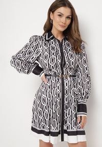 Born2be - Czarno-Biała Mini Koszulowa Sukienka o Rozkloszowanym Fasonie z Paskiem Amburia. Kolor: czarny. Materiał: materiał. Typ sukienki: koszulowe. Długość: mini #5