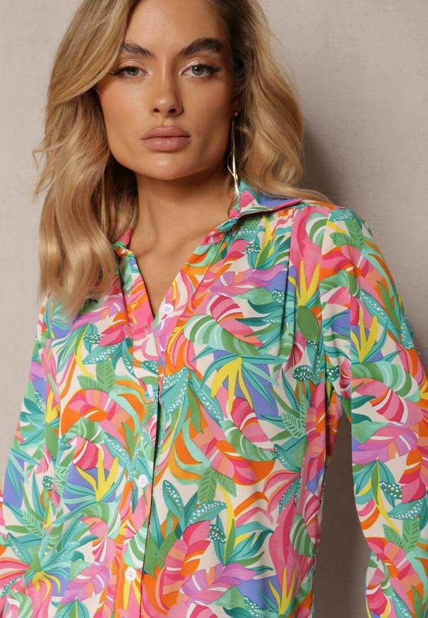 Renee - Zielono-Różowa Koszula o Klasycznym Kroju we Florystyczny Print Ationama. Kolor: zielony. Wzór: nadruk. Styl: klasyczny