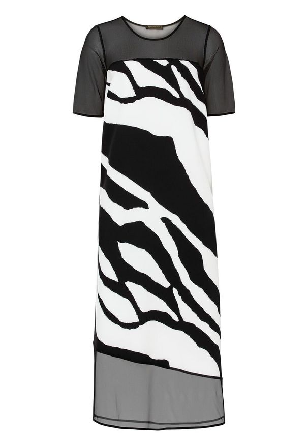 Sukienka midi z nadrukiem bonprix czarno-biały w paski zebry. Kolor: czarny. Wzór: nadruk, motyw zwierzęcy, paski. Długość: midi