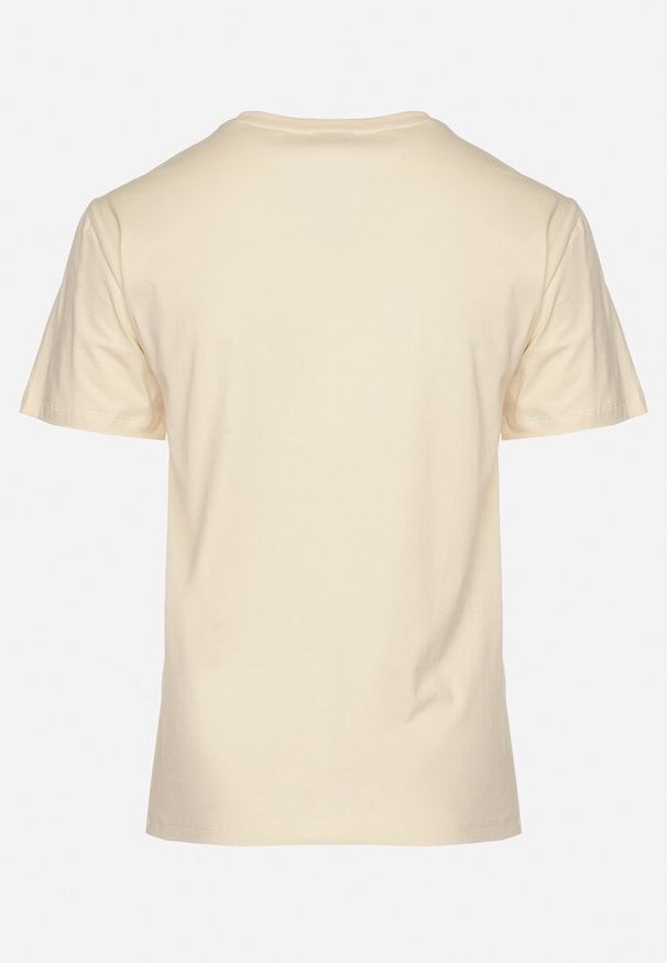 Born2be - Beżowy T-shirt Bawełniany Ozdobiony Cekinami Lirenell. Okazja: na co dzień, do pracy. Kolor: beżowy. Materiał: bawełna. Wzór: aplikacja. Styl: glamour, klasyczny, casual