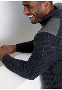 Sweter ze stójką i wstawkami z tkaniny bonprix antracytowy melanż. Typ kołnierza: kołnierzyk stójkowy. Kolor: szary. Materiał: tkanina, materiał, akryl. Wzór: melanż #6