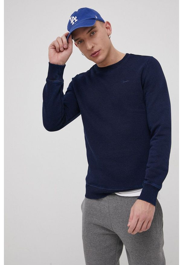 Superdry Bluza męska kolor granatowy gładka. Okazja: na co dzień. Kolor: niebieski. Materiał: dzianina. Wzór: gładki. Styl: casual