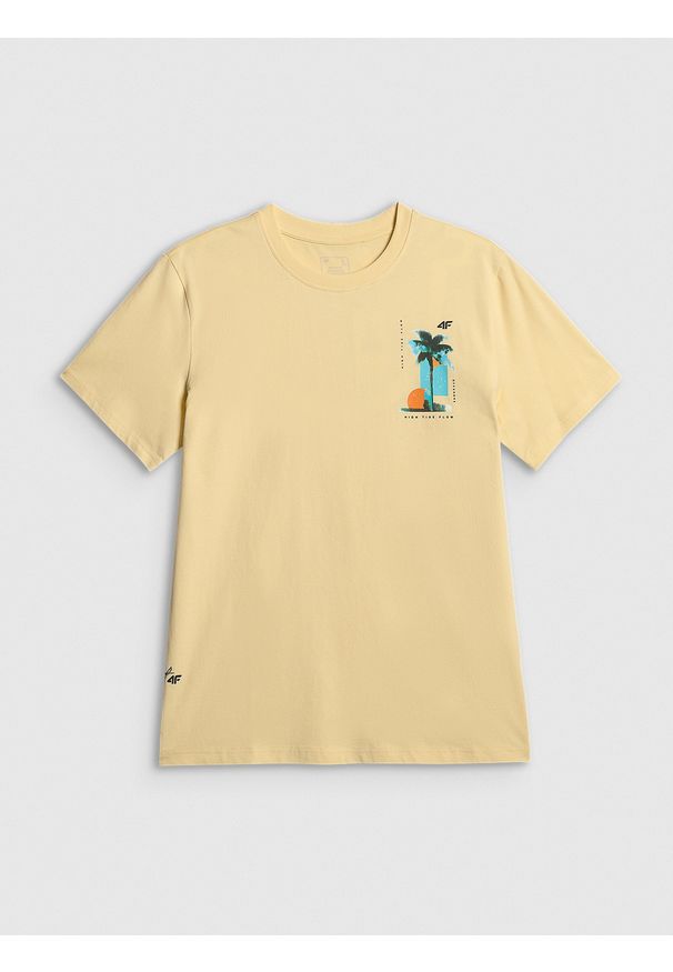 4f - 4F T-shirt regular z nadrukiem męski - żółty S. Okazja: na co dzień. Kolor: żółty. Materiał: bawełna, dzianina. Wzór: nadruk. Styl: klasyczny, wakacyjny, casual