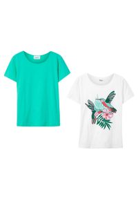 T-shirt dziewczęcy (2 szt. w opak.) bonprix biały-zielony morski + biały. Kolor: biały #3