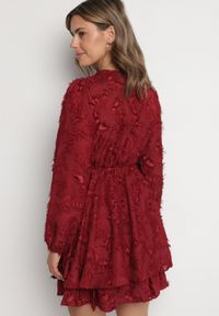 Born2be - Bordowa Sukienka z Ozdobnymi Niteczkami i Marszczeniem Forenamia. Okazja: na co dzień. Kolor: czerwony. Wzór: aplikacja. Typ sukienki: kopertowe. Styl: casual #3