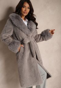 Renee - Szary Futrzany Płaszcz z Wiązanym Paskiem Ozdobnym Kołnierzem i Mankietami Viaressa. Okazja: na co dzień. Kolor: szary. Materiał: futro. Długość rękawa: długi rękaw. Długość: długie. Styl: casual, rockowy, elegancki #4