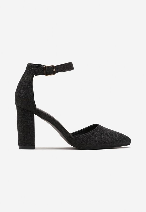 Renee - Czarne Czółenka z Brokatowej Ekoskóry na Słupku Tirella. Zapięcie: sprzączka. Kolor: czarny. Wzór: geometria, aplikacja. Obcas: na słupku. Styl: klasyczny