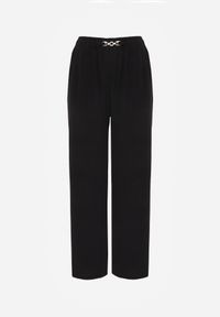 Renee - Czarne Spodnie Casual Wide Leg High Waist Zdobione Klamerką w Talii Cythiopis. Okazja: na co dzień. Stan: podwyższony. Kolekcja: plus size. Kolor: czarny. Długość: krótkie. Wzór: aplikacja. Styl: casual #2