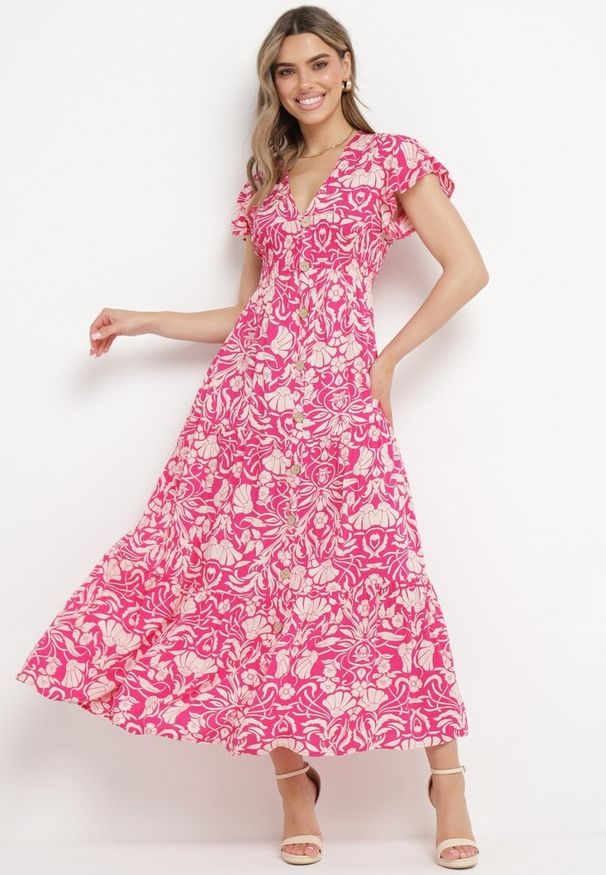 Born2be - Różowa Rozkloszowana Sukienka Maxi z Luźnym Rękawem w Kwiatowy Print Oxeria. Kolor: różowy. Wzór: nadruk, kwiaty. Sezon: lato. Typ sukienki: rozkloszowane. Długość: maxi