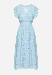 Born2be - Niebieska Ażurowa Sukienka z Kopertowym Dekoltem i Bufiastymi Rękawami Ldivane. Okazja: na imprezę, na co dzień. Kolor: niebieski. Wzór: ażurowy. Sezon: lato. Typ sukienki: kopertowe. Styl: casual #6