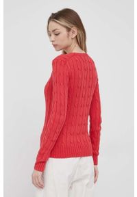 Polo Ralph Lauren sweter bawełniany damski kolor czerwony lekki. Typ kołnierza: polo. Kolor: czerwony. Materiał: bawełna. Długość rękawa: długi rękaw. Długość: długie. Wzór: ze splotem #2