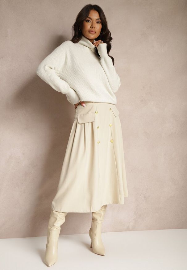 Renee - Beżowa Rozkloszowana Spódnica z Ozdobnymi Guzikami i Paskiem w Talii Vikkira. Kolor: beżowy. Materiał: materiał, jedwab