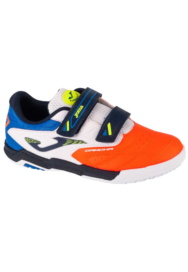 Joma - Buty piłkarskie halowe dziecięce CANCHA JR treningowe na rzepy. Zapięcie: rzepy. Kolor: żółty, biały, pomarańczowy, wielokolorowy. Sport: piłka nożna