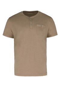 Volcano - T-shirt z dekoltem na guziki T-WARU. Okazja: na co dzień, na spacer. Typ kołnierza: typu henley. Kolekcja: plus size. Materiał: jeans, materiał, bawełna. Długość rękawa: krótki rękaw. Długość: krótkie. Wzór: melanż. Styl: klasyczny, casual, elegancki