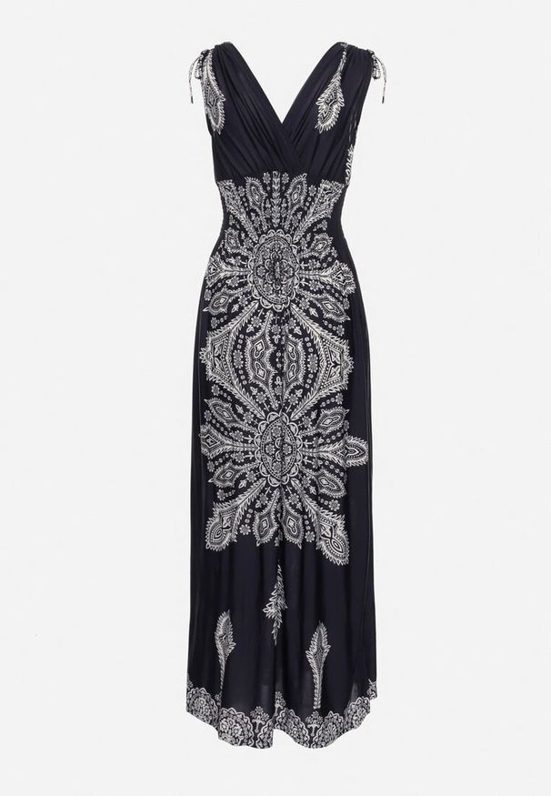 Born2be - Granatowa Sukienka w Stylu Boho z Gumką w Pasie i Troczkami na Ramionach Aretava. Okazja: na co dzień. Typ kołnierza: dekolt w łódkę, dekolt w serek. Kolor: niebieski. Typ sukienki: proste. Styl: boho