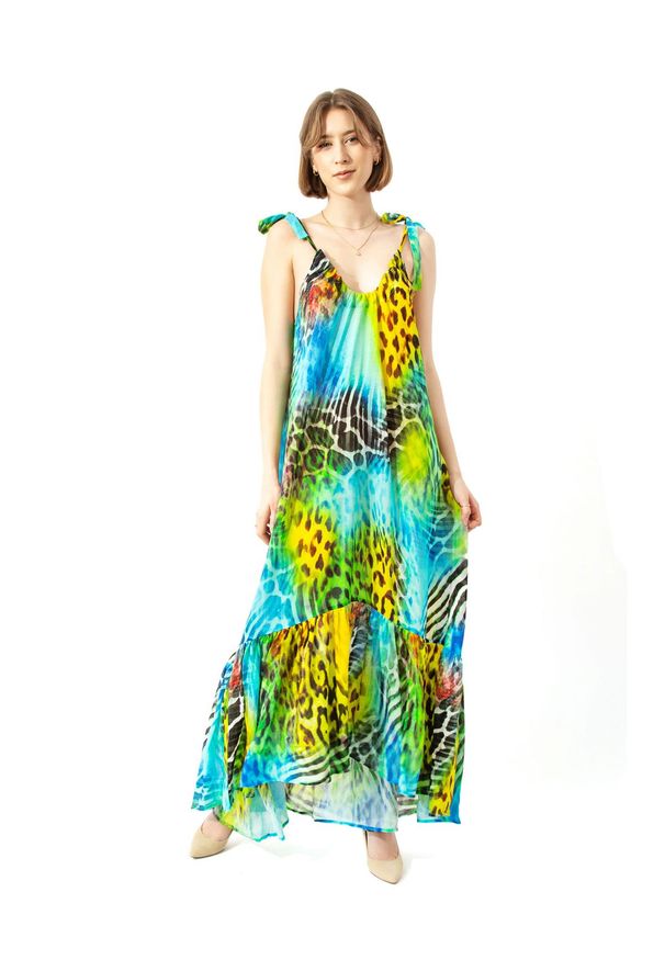 COSEL - Wzorzysta sukienka Nevis. Kolor: niebieski. Materiał: materiał. Wzór: motyw zwierzęcy, nadruk. Typ sukienki: proste, rozkloszowane. Styl: wakacyjny. Długość: maxi