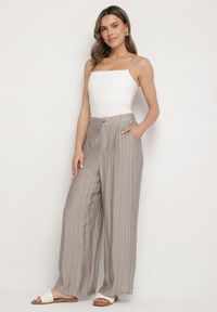 Born2be - Szare Szerokie Spodnie z Wysokim Stanem Natalania. Okazja: na co dzień. Stan: podwyższony. Kolor: szary. Materiał: len. Styl: elegancki, casual #5