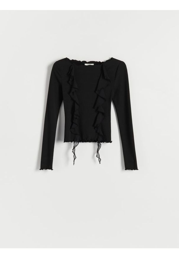 Reserved - Longsleeve z falbanami - czarny. Kolor: czarny. Materiał: prążkowany, dzianina. Długość rękawa: długi rękaw