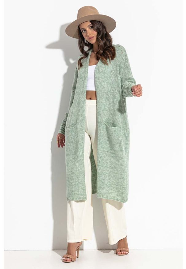 Fobya - Długi Sweter Kardigan z Kieszeniami - Zielony. Kolor: zielony. Materiał: wełna, poliester, poliamid, akryl. Długość: długie