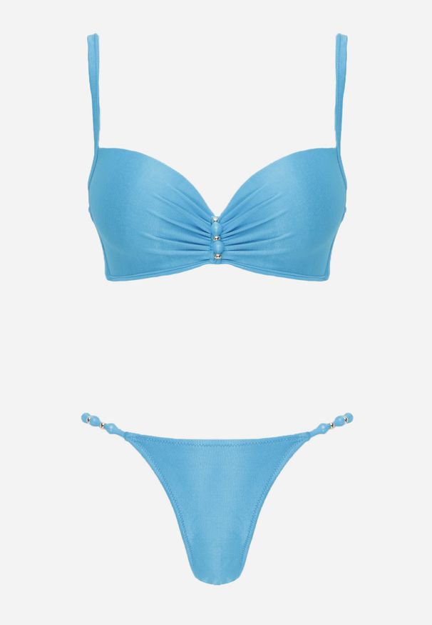 Renee - Niebieskie Bikini Dwuczęściowe z Biustonoszem Push-Up i Metalowymi Zapięciami Coraeva. Kolor: niebieski. Wzór: aplikacja