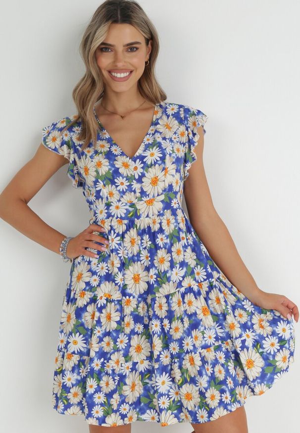 Born2be - Niebieska Sukienka Mini z Wiskozy z Gumką w Pasie i Falbankami Nidi. Typ kołnierza: kołnierz z falbankami. Kolor: niebieski. Materiał: wiskoza. Długość: mini