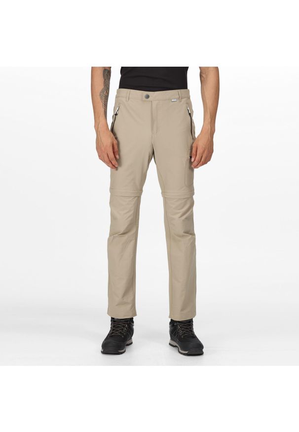 Regatta - Męskie spodnie trekkingowe Highton Zip Off beżowe. Kolor: szary. Materiał: elastan, poliamid. Długość: długie. Sport: turystyka piesza