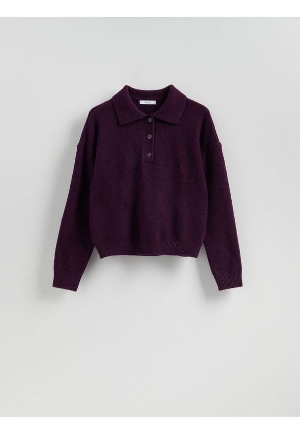 Reserved - Sweter z kołnierzykiem - ciemnofioletowy. Kolor: fioletowy. Materiał: wełna, dzianina