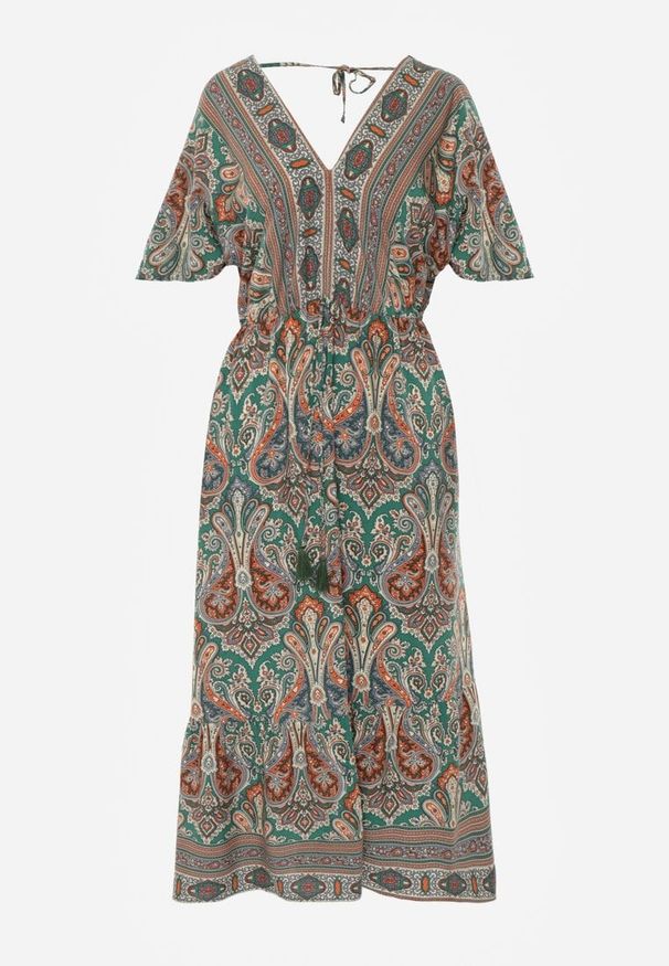 Renee - Zielono-Brązowa Wiskozowa Sukienka Maxi z Gumką w Pasie Ozdobiona Wzorem Paisley Larite. Okazja: na co dzień, na randkę. Typ kołnierza: dekolt w kształcie V. Kolor: zielony. Wzór: paisley, aplikacja. Typ sukienki: rozkloszowane. Materiał: wiskoza. Sezon: lato. Styl: casual. Długość: maxi