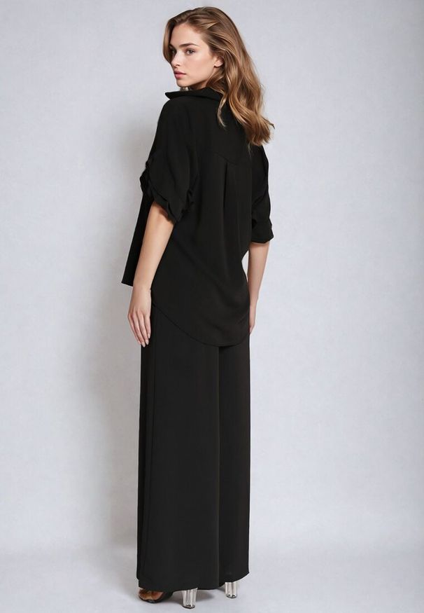 Born2be - Czarny Komplet Koszula z Ozdobnymi Rękawami i Szerokie Spodnie Rivasene. Kolor: czarny. Wzór: aplikacja