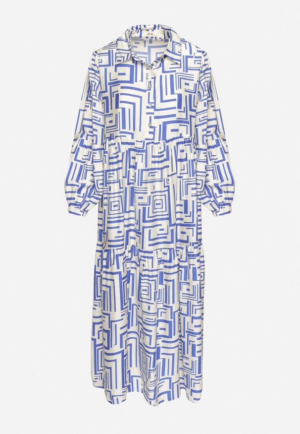 Born2be - Niebieska Rozkloszowana Sukienka Koszulowa z Wiskozą w Geometryczny Wzór Alineria. Okazja: na co dzień. Kolor: niebieski. Materiał: wiskoza. Wzór: geometria. Typ sukienki: koszulowe. Styl: casual, klasyczny, elegancki