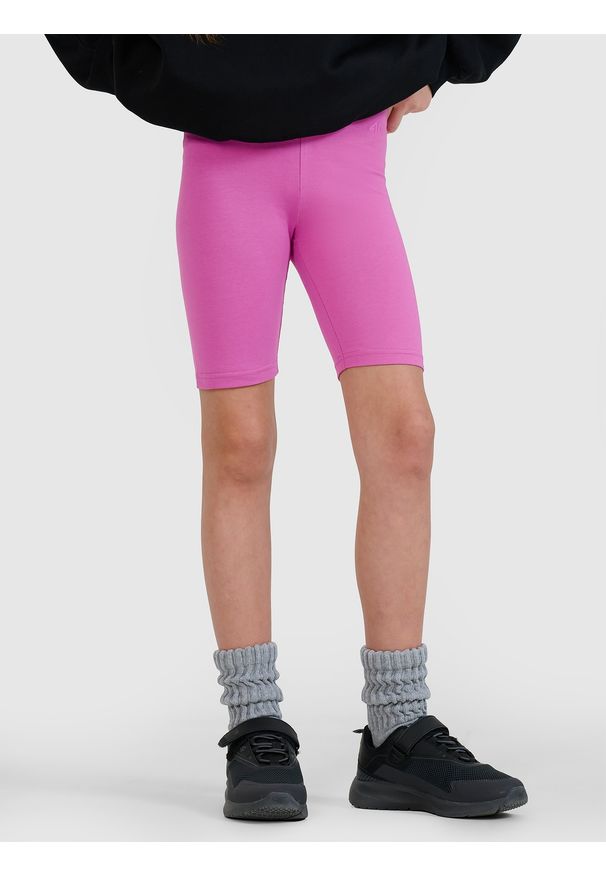 4f - 4F Legginsy kolarki dzianinowe dziewczęce - różowe 152 (11-12 lat). Okazja: na co dzień. Stan: podwyższony. Kolor: różowy. Materiał: dzianina. Długość: krótkie. Wzór: gładki, ze splotem. Sezon: lato. Styl: casual, sportowy