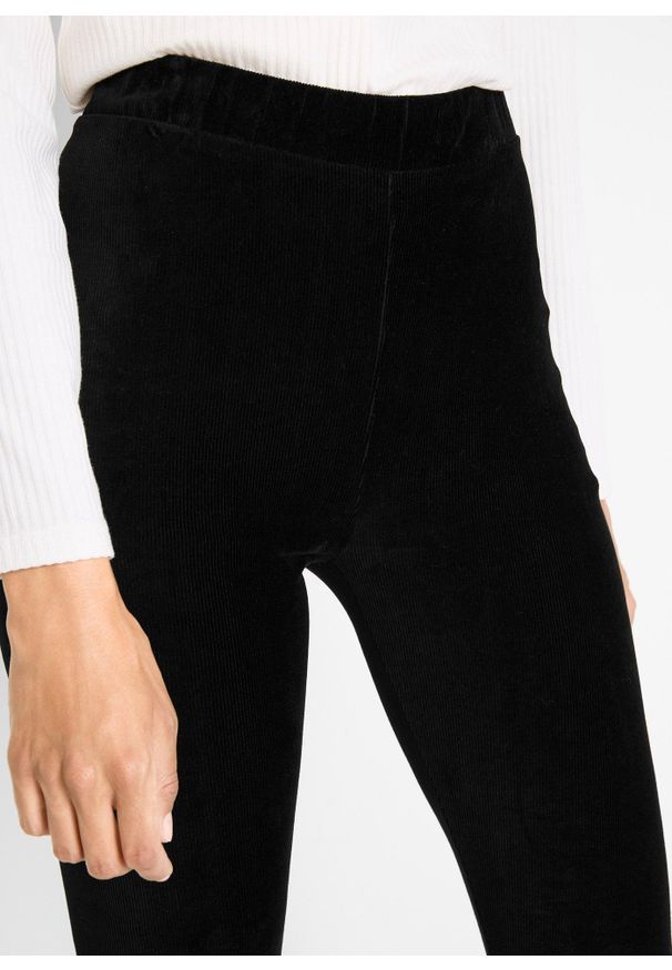 bonprix - Legginsy ze sztruksu w drobny prążek, z wygodnym szerokim paskiem. Kolor: czarny. Materiał: sztruks. Wzór: prążki
