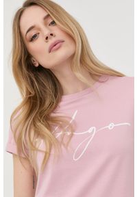 Hugo - HUGO t-shirt bawełniany kolor różowy. Kolor: różowy. Materiał: bawełna. Wzór: nadruk #3