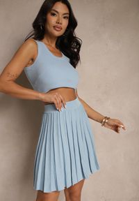 Renee - Jasnoniebieska Spódnica z Wiskozą High Waist Ozdobiona Plisami Galonissa. Okazja: na co dzień. Stan: podwyższony. Kolor: niebieski. Materiał: wiskoza. Wzór: aplikacja. Styl: elegancki, casual #2