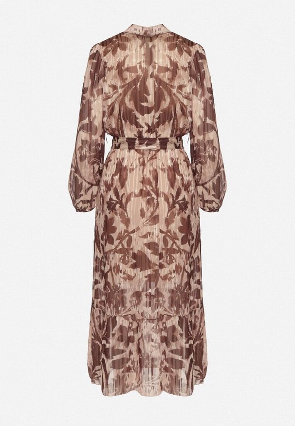 Born2be - Brązowa Rozkloszowana Sukienka z Wiązanym Paskiem i Metaliczną Nicią Nalirina. Okazja: na co dzień. Typ kołnierza: dekolt w kształcie V. Kolor: brązowy. Materiał: elastan, wiskoza. Wzór: aplikacja. Typ sukienki: proste, rozkloszowane. Styl: elegancki, klasyczny, casual