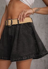 Renee - Czarne Szorty Jeansowe High Waist z Bawełny z Elastycznym Paskiem Tinreia. Okazja: na co dzień. Stan: podwyższony. Kolor: czarny. Materiał: jeans, bawełna. Długość: krótkie. Sezon: lato. Styl: casual #4