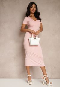 Renee - Różowa Sukienka Bodycon o Dopasowanym Kroju z Dekoltem w V Efrerina. Okazja: na co dzień. Kolor: różowy. Materiał: jeans. Długość rękawa: krótki rękaw. Typ sukienki: bodycon. Styl: klasyczny, elegancki, casual #5