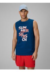 4f - 4F Koszulka bez rękawów regular z nadrukiem męska - turkusowa M. Kolor: turkusowy. Materiał: dzianina, bawełna. Długość rękawa: bez rękawów. Wzór: nadruk. Sezon: lato #1