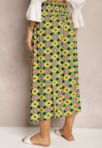 Renee - Żółto-Zielone Szerokie Spodnie Culottes z Bawełnianej Tkaniny w Mozaikowy Wzór Miratte. Stan: podwyższony. Kolor: żółty. Materiał: bawełna, tkanina. Wzór: aplikacja. Styl: elegancki #7