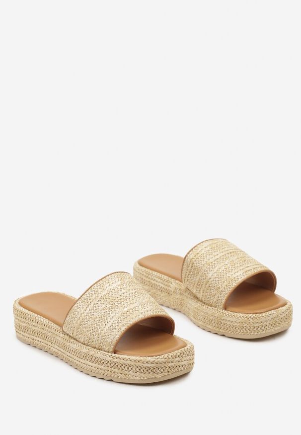 Renee - Beżowe Boho Klapki z Ozdobnej Plecionki z Rafii na Niskiej Platformie Cerams. Nosek buta: otwarty. Kolor: beżowy. Materiał: materiał. Sezon: lato. Obcas: na platformie. Styl: boho. Wysokość obcasa: niski