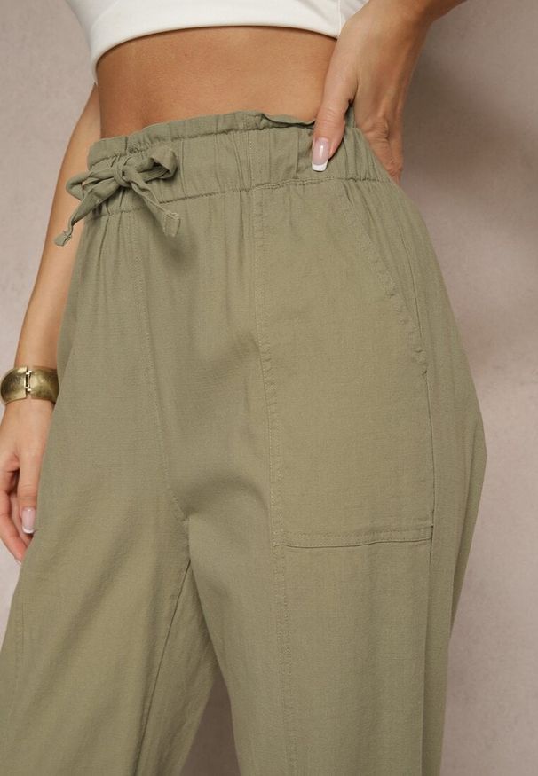 Renee - Ciemnozielone Spodnie z Bawełny High Waist z Wiązaniem Tyswia. Okazja: na co dzień. Stan: podwyższony. Kolor: zielony. Materiał: bawełna. Styl: elegancki, casual