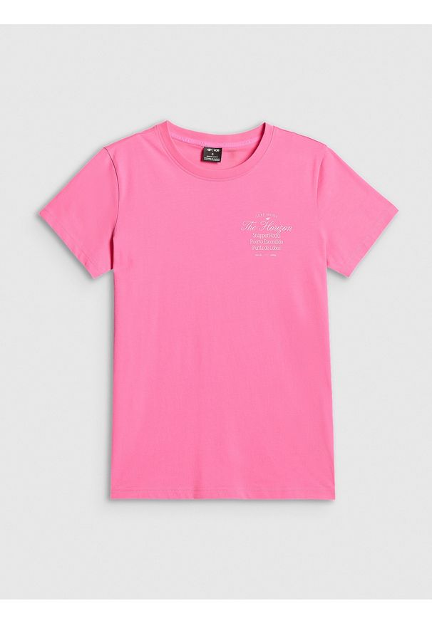 4f - 4F T-shirt regular z nadrukiem damski - różowy XL. Okazja: na co dzień. Kolor: różowy. Materiał: jeans, bawełna, dresówka, dzianina. Wzór: nadruk. Styl: klasyczny, casual