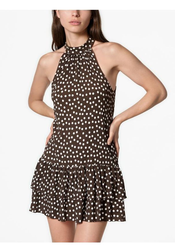 Reserved - Sukienka mini w groszki - ciemnobrązowy. Kolor: brązowy. Materiał: dzianina. Wzór: grochy. Długość: mini