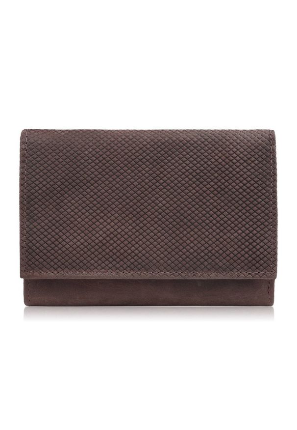 PAOLO PERUZZI - Portfel damski skórzany we wzory geometryczne mały vintage brązowy RFID Paolo Peruzzi T-112-HBR. Kolor: brązowy. Materiał: skóra. Wzór: geometria