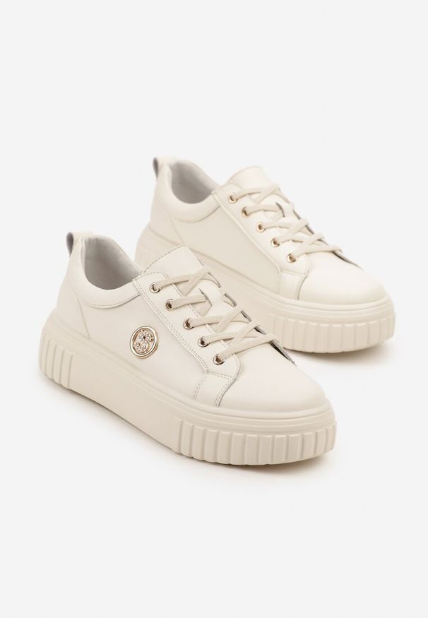 Born2be - Beżowe Skórzane Sneakersy na Grubej Podeszwie z Metaliczną Aplikacją Dolarisa. Okazja: na co dzień. Kolor: beżowy. Materiał: skóra. Wzór: aplikacja