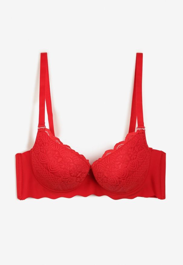 Born2be - Czerwony Biustonosz o Klasycznym Fasonie Push Up z Zawieszką z Cyrkonii Lermiana. Kolor: czerwony. Rodzaj stanika: push-up. Wzór: aplikacja