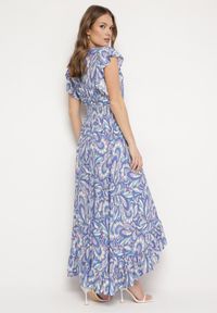 Born2be - Niebieska Asymetryczna Sukienka z Gumką w Pasie z Falbankami z Wiskozy Venimra. Typ kołnierza: kołnierz z falbankami. Kolor: niebieski. Materiał: wiskoza. Typ sukienki: asymetryczne #7